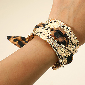 Bold Hammered Metal Cuff Leopard Print Fabric Bracelet