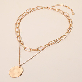 Brushed Hammered Metal Round Pendant Paperclip Chain Layered Necklace