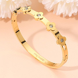 Stainless Steel Stone Accent Quatrefoil Motif Hinged Bangle Bracelet