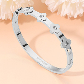 Stainless Steel Stone Accent Quatrefoil Motif Hinged Bangle Bracelet