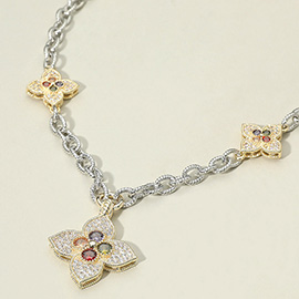 14K Gold Plated CZ Stone Embellished Clover Pendant Station Necklace