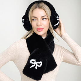 Bow Accent Fluffy Faux Fur Winter Scarf Ear Muff Set