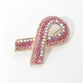 Rhinestone Embellished Pink Ribbon Pin Brooch