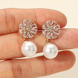 14K Gold Dipped CZ Stone Paved Flower Pearl Dangle Earrings