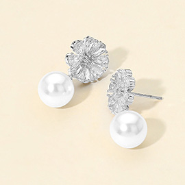White Gold Dipped CZ Stone Paved Flower Pearl Dangle Earrings