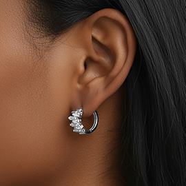 White Gold Dipped Disorganized Baguette CZ Stone Cluster Mini Huggie Hoop Earrings