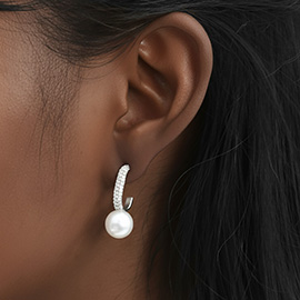 White Gold Dipped CZ Stone Paved Glamourous Link Pearl Earrings