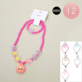 12 SET OF 2 - Kids Monster Bunny Face Pendant Flower Beaded Jewelry Set