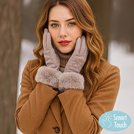 Faux Fur Cuff Quilted Smart Touch Gloves