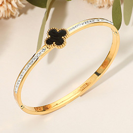 Stainless Steel Rhinestone Paved Quatrefoil Center Hinged Bangle Bracelet