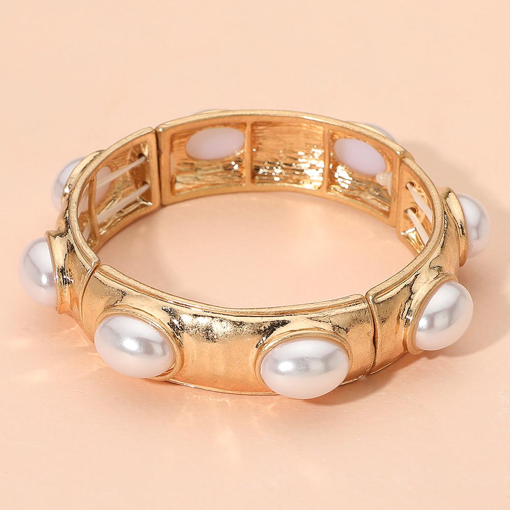 Marbled Oval Pearl Stone Accent Hammered Metal Beaded Stretch Bracelet