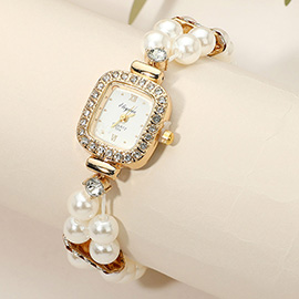 SECRET BOX_Stainless Steel Stretchable Pearl Strap Rhinestone Paved Rectangular Rim Quartz Watch