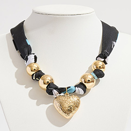 Gold Dipped Puffy Textured Heart Charm Accent Fabric Scarf Necklace / Adjustable Bracelet / Bag Charm