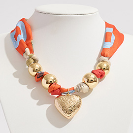 Gold Dipped Puffy Textured Heart Charm Accent Fabric Scarf Necklace / Adjustable Bracelet / Bag Charm