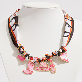 Enamel Western Theme Charm Station Fabric Scarf Necklace / Adjustable Bracelet / Bag Charm