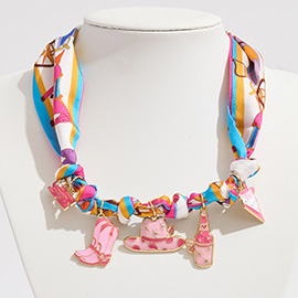 Enamel Western Theme Charm Station Fabric Scarf Necklace / Adjustable Bracelet / Bag Charm