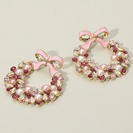 Bow Accent Christmas Wreath Earrings