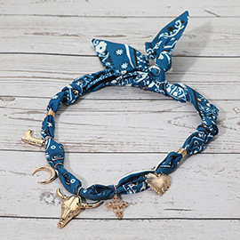 Western Steer Head Cowboy Boot Horseshoe Cross Heart Charm Station Fabric Bandana Scarf Necklace