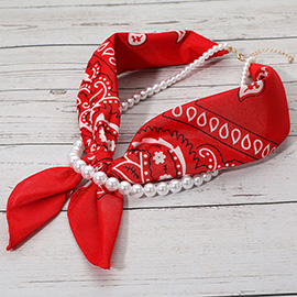 Fabric Bandana Scarf Pearl Layered Necklace