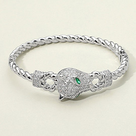 CZ Stone Paved Leopard Panther Head Accent Hinged Bangle Bracelet