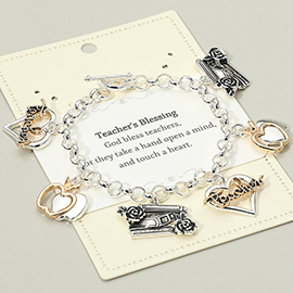 TEACHERS BLESSING Message Apple Heart Book Charm Station Toggle Bracelet