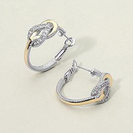14K Gold Plated CZ Stone Paved Two Tone Knot Hoop Earrings