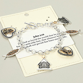JOHN 3:16 Religious Message Church Heart Praying Hand Faith Charm Station Toggle Bracelet