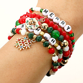 5PCS - Snowflake Holiday Wreath Charm MERRY HO HO HO Message Faceted Beaded Stretch Multi Layered Bracelets