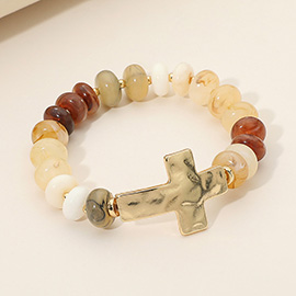 Hammered Polished Metal Cross Accent Resin Flat Disc Beaded Stretch Bracelet