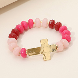 Hammered Polished Metal Cross Accent Resin Flat Disc Beaded Stretch Bracelet