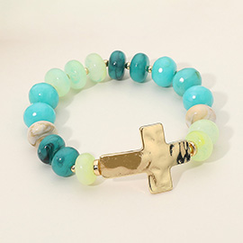 Hammered Polished Metal Cross Accent Resin Flat Disc Beaded Stretch Bracelet