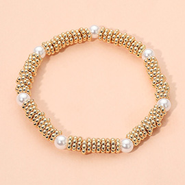 Pearl Accent Textured Metal Beaded Stretch Bracelet