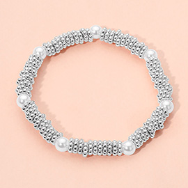 Pearl Accent Textured Metal Beaded Stretch Bracelet