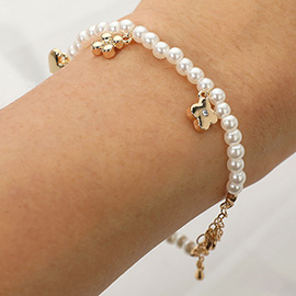 Stone Paved Flower Metal Heart Charm Station Pearl Beaded Bracelet