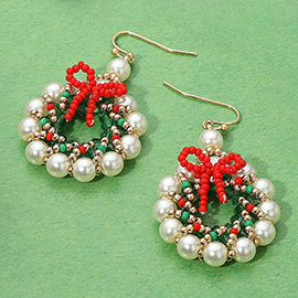Pearl Beaded Christmas Wreath Dangle Earrings