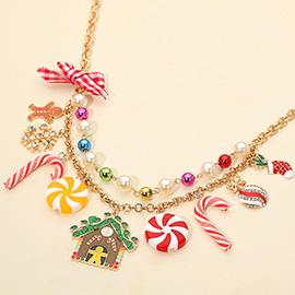 Christmas Charm Bow Pearl Station Statement Necklace