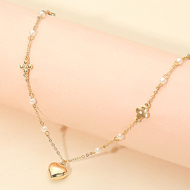 Metal Heart Pendant Accent Floral Pearl Link Chain Necklace