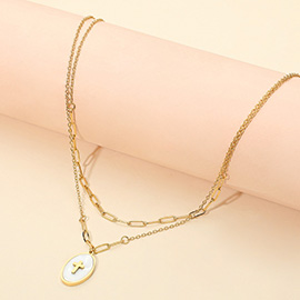 Cross Embossed Mother of Pearl Oval Pendant Accent Layered Chain Necklace