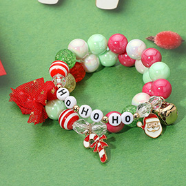 2PCS - HO HO HO Candy Cane Santa Charm Bow Beaded Stretch Multi Layered Bracelets
