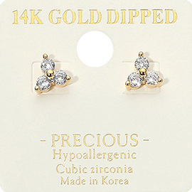 14k Gold Dipped Hypoallergenic Trip CZ Stone Stud Earrings