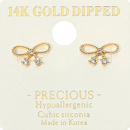 14K Gold Dipped Hypoallergenic CZ Stone Accent Bow Stud Earrings