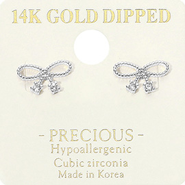 14K Gold Dipped Hypoallergenic CZ Stone Accent Bow Stud Earrings