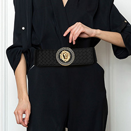 Regal Lion Head Buckle Accent Wide Elastic Waist Belt