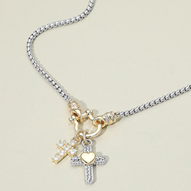 14K Gold Plated CZ Stone Cross Two Tone Heart Cross Horsebit Carabiner Charm Necklace