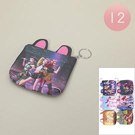 12PCS - Huntrix Anime Character Printed Keyring Small Pouch Coin Purses