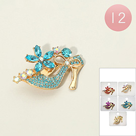 12PCS - Rhinestone Embellished Flower High Heel Pin Brooches