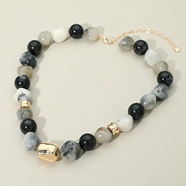 Chunky Metal Accent Resin Pebble Beaded Statement Necklace