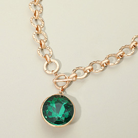 Bold Oval Gemstone Pendant Brushed Metal Chunky Chain Toggle Necklace