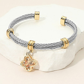 CZ Stone Quatrefoil Charm Dangle Cuff Bracelet