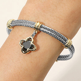 CZ Stone Quatrefoil Charm Dangle Cuff Bracelet